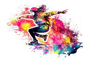 Man snowboarder jump on snowboard with rainbown watercolor splash isolated on white background. Neural network generated art photo