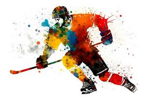 Sportsman playing hockey on watercolor rainbow splash. Neural network generated art photo