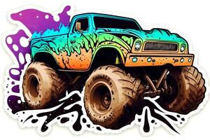 Monster truck sticker with multicolored paint splash. Neural network generated art photo