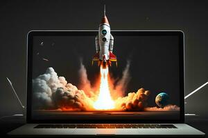 Rocket flies out of the computer, high speed internet, startup concept . Neural network generated art photo