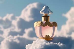 hermosa perfume botella en contra el antecedentes de el cielo y nubes neural red generado Arte foto