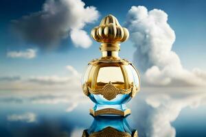 hermosa perfume botella en contra el antecedentes de el cielo y nubes neural red ai generado Arte foto