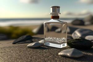 un vaso botella de perfume en pie en un mar antecedentes. neural red generado Arte foto