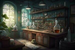 Vintage Old medical, chemistry and pharmacy history concept background. Retro style. Neural network AI generated photo