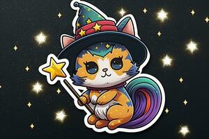 Cute cartoon sticker with a cat wizard. Neural network AI generated photo