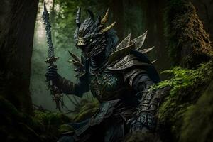 Fantasy dragon samurai in the forest. Neural network AI generated art photo