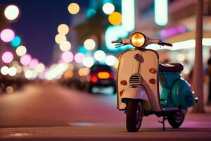 Scooter moped at ocean drive miami beach at night with neon lights from hotels. Neural network AI generated photo