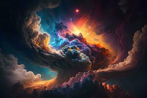 Space background with galaxy and nebula in blue and orange clouds. Neural network AI generated photo