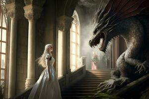 Fantasy princess and beautiful dragon in the castle. Neural network AI generated photo
