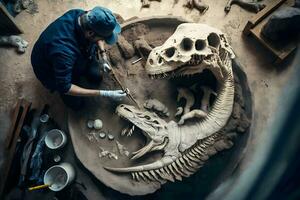 arqueólogo trabajos en un arqueológico sitio con dinosaurio esqueleto en pared Roca fósil tiranosaurio excavaciones neural red ai generado foto