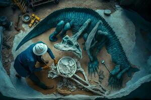 Archaeologist works on an archaeological site with dinosaur skeleton in wall stone fossil tyrannosaurus excavations. Neural network AI generated photo