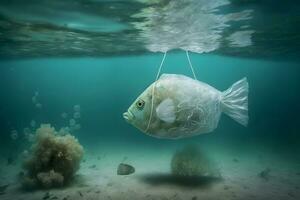 Fish and plastic pollution. Envrionmental problem - plastics contaminate seafood. Neural network AI generated photo