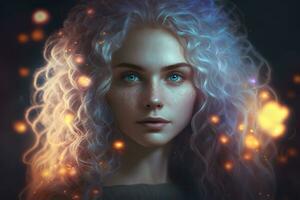 Futuristic fantasy woman portrait. Neural network AI generated photo