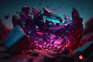Abstract art background with part of surreal ruby gemstone crystal with prism reflection in fractal triangles structure in purple colors. Neural network AI generated photo
