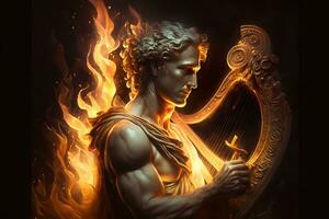 Beautiful Greek god plays the harp against the background of fire. Neural network AI generated art photo