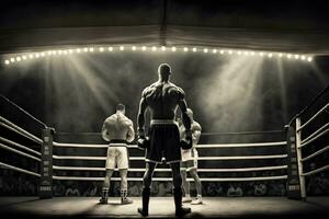 profesional Boxer luchando en el grandioso arena panorama vista. neural red ai generado foto