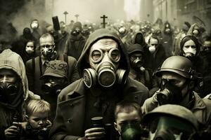 Crowd of people in uniform and gas mask. Concept of radiation and virus, environmental pollution. Neural network AI generated photo