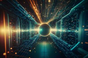 Futuristic technology abstract background with lines for network, big data, data center, server, internet, speed. Abstract neon lights. Neural network AI generated photo