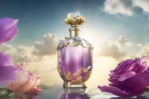 Beautiful perfume bottle with flowers against the sky. Neural network AI generated photo