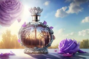 Beautiful perfume bottle with flowers against the sky. Neural network AI generated photo