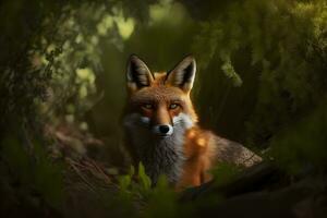 zorro en verde bosque. fauna silvestre escena desde naturaleza. neural red ai generado foto