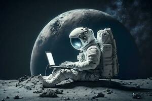 Astronaut in outer space working on a laptop. Neural network AI generated photo