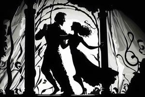 Silhouette of dancing couple in halloween style. Neural network AI generated photo