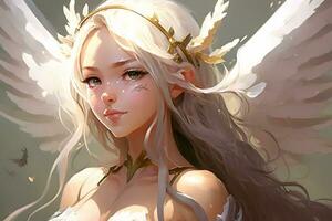 Portrait of a beautiful blonde angel girl in anime style. Neural network AI generated photo