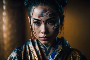 japonés geisha con tatuaje. neural red ai generado foto