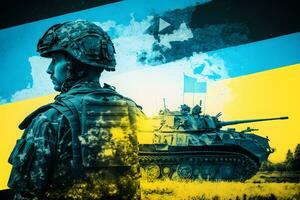 Military soldier on the background of the Ukrainian flag. Neural network AI generated photo