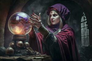 The witch with magic ball in her hands causes a spirits in cave. Neural network AI generated photo