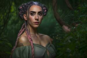 hermosa mujer con largo trenzas en el bosque. neural red ai generado foto