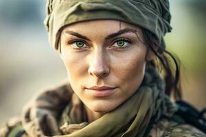 Pretty female soldier portrait. Neural network AI generated photo