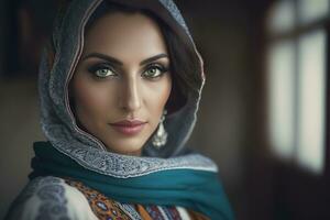 retrato de joven musulmán mujer vistiendo hijab cabeza. neural red ai generado foto