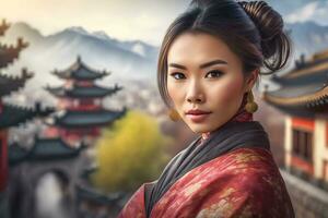 hermosa asiático chino mujer retrato. neural red ai generado foto