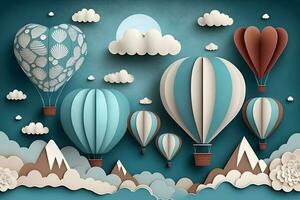 Hot air balloon, space elements shapes cut from paper. Creative concept for banner, landing, background designs. Neural network AI generated photo