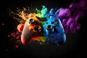 Game joystick on colorful splash background. Neural network AI generated photo