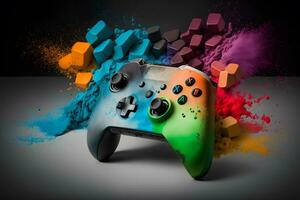 Game joystick on colorful splash background. Neural network AI generated photo