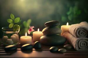 Beauty spa treatment and relax concept. Hot stone massage setting lit by candles. Neural network AI generated photo