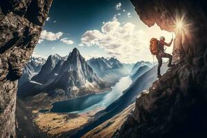 Beautiful mountain landscape and climber. Neural network AI generated photo