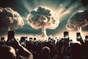 Crowd of people photographing mushroom cloud. Neural network AI generated photo