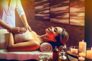 joven mujer teniendo masaje en spa salón. neural red ai generado foto