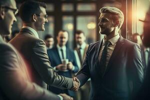 Businessmen making handshake in the city - business etiquette, congratulation, merger and acquisition concepts, panoramic banner. Neural network AI generated photo