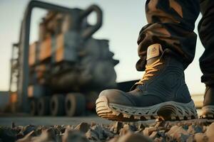 Close-up safety working shoe on a worker feet is standing at the factory. Neural network AI generated photo