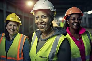 A team of female construction engineers. Female managers of different nationalities are working together. Neural network AI generated photo