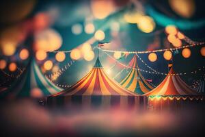 Night view of a circus tents and many light lamps with blurred background. Neural network AI generated photo