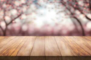 Spring seasonal of pink sakura branch with wooden table stand, flower background. Neural network AI generated photo