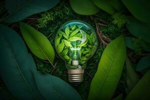 light bulb against nature on green leafs energy sources for renewable, sustainable development. Ecology concept. Neural network AI generated photo
