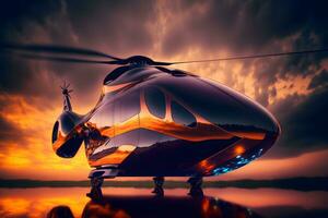 Modern futuristic army helicopter transport in city center. Neural network generated art photo