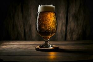 Beautiful beer with foam in classic beer glass in dark scene. Neural network generated art photo